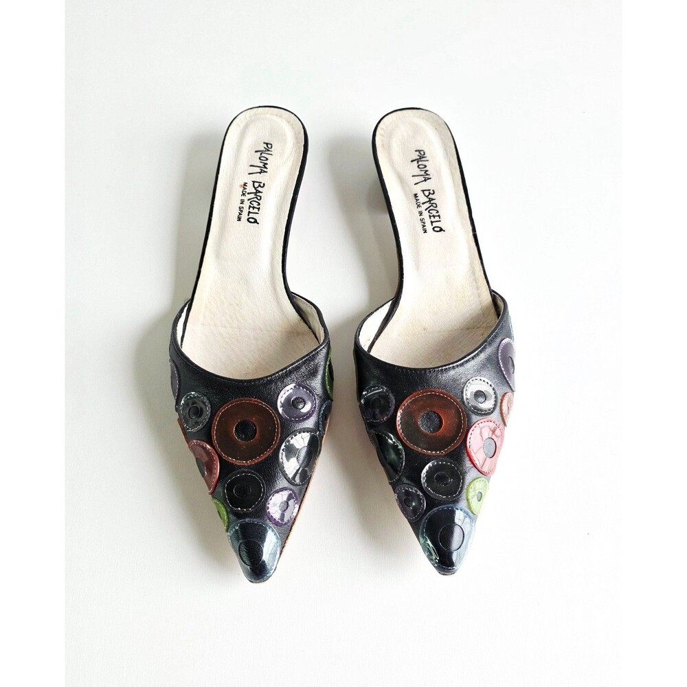 PALOMA BARCELO Leather Pointed Toe Mules Multicolor Circle Accents Sz 41 10.5 - Picture 2 of 11
